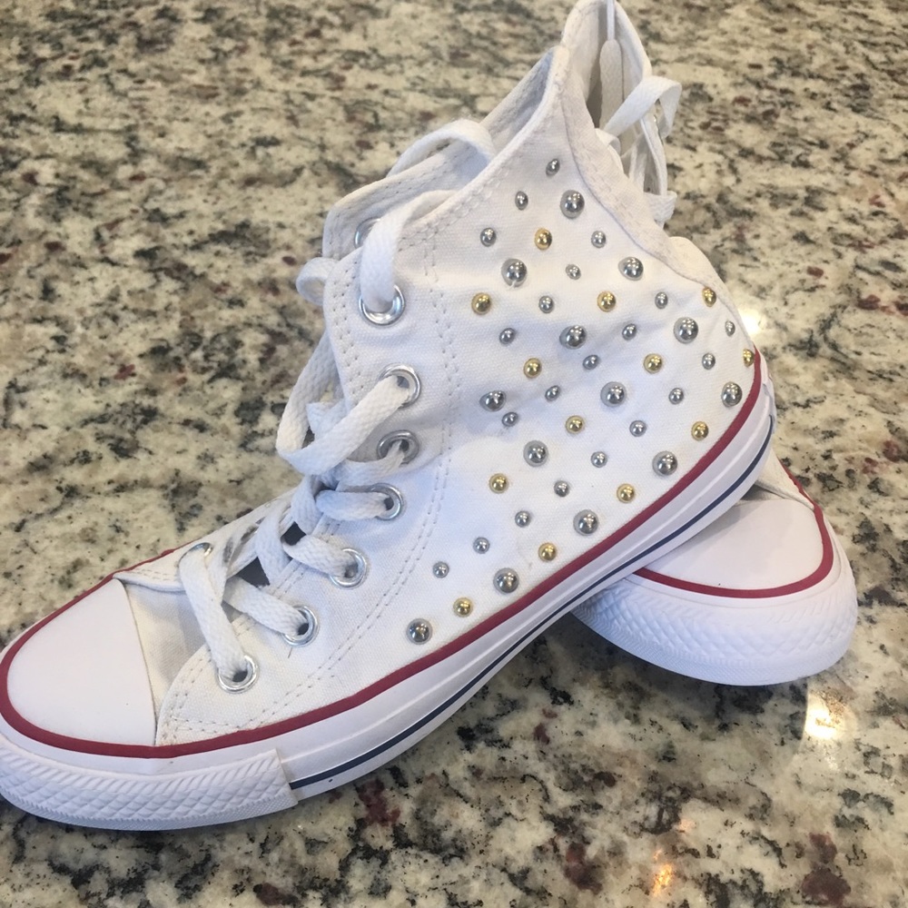 Women’s White Converse High Tops w/Studs, Size 6